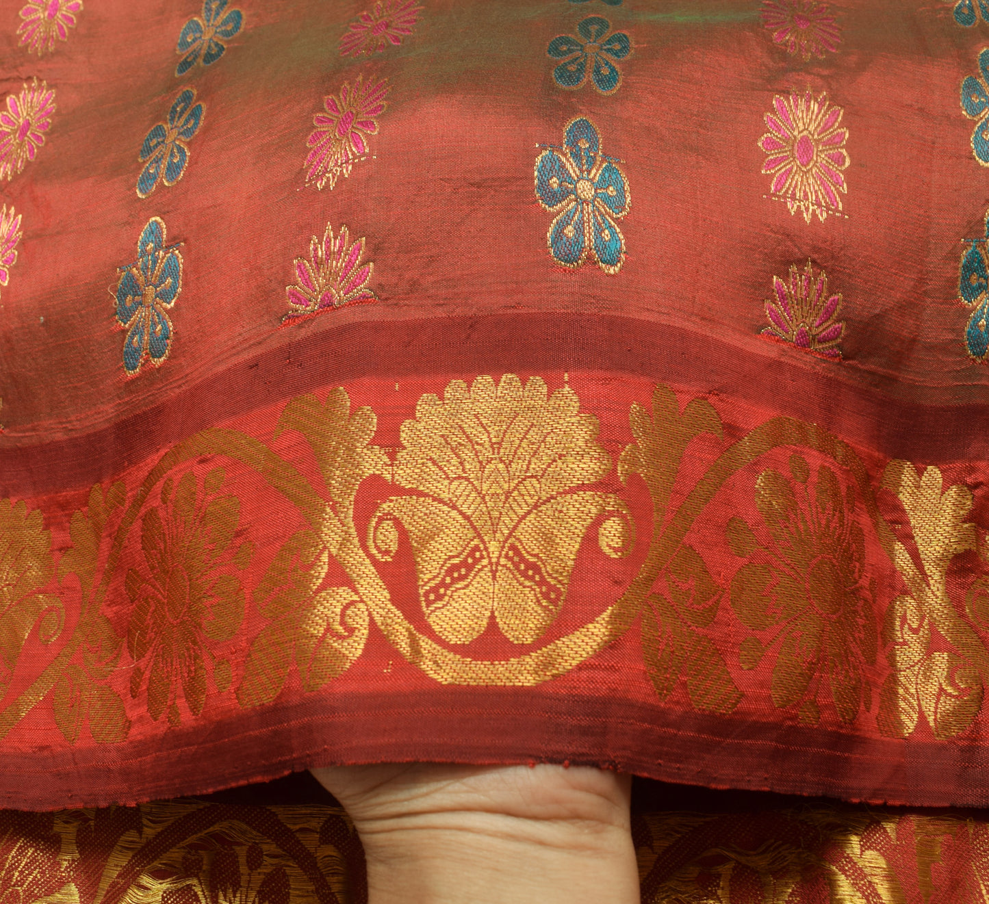 Sushila Vintage Maroon Pure Kanchipuram Silk Saree Gold Zari Brocade Sari Craft Fabric