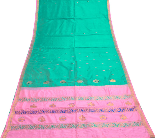 Sushila Vintage Aqua Green & Pink Saree 100% Pure silk Woven Soft Sari Fabric