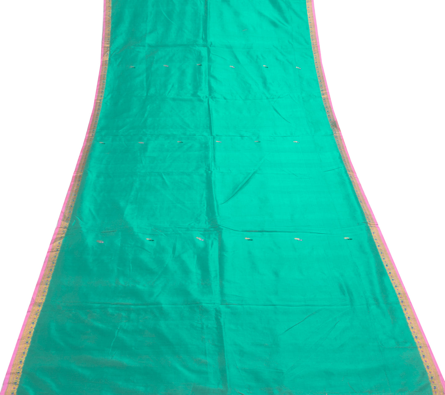 Sushila Vintage Aqua Green & Pink Saree 100% Pure silk Woven Soft Sari Fabric