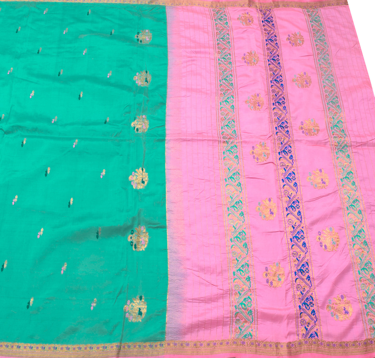 Sushila Vintage Aqua Green & Pink Saree 100% Pure silk Woven Soft Sari Fabric