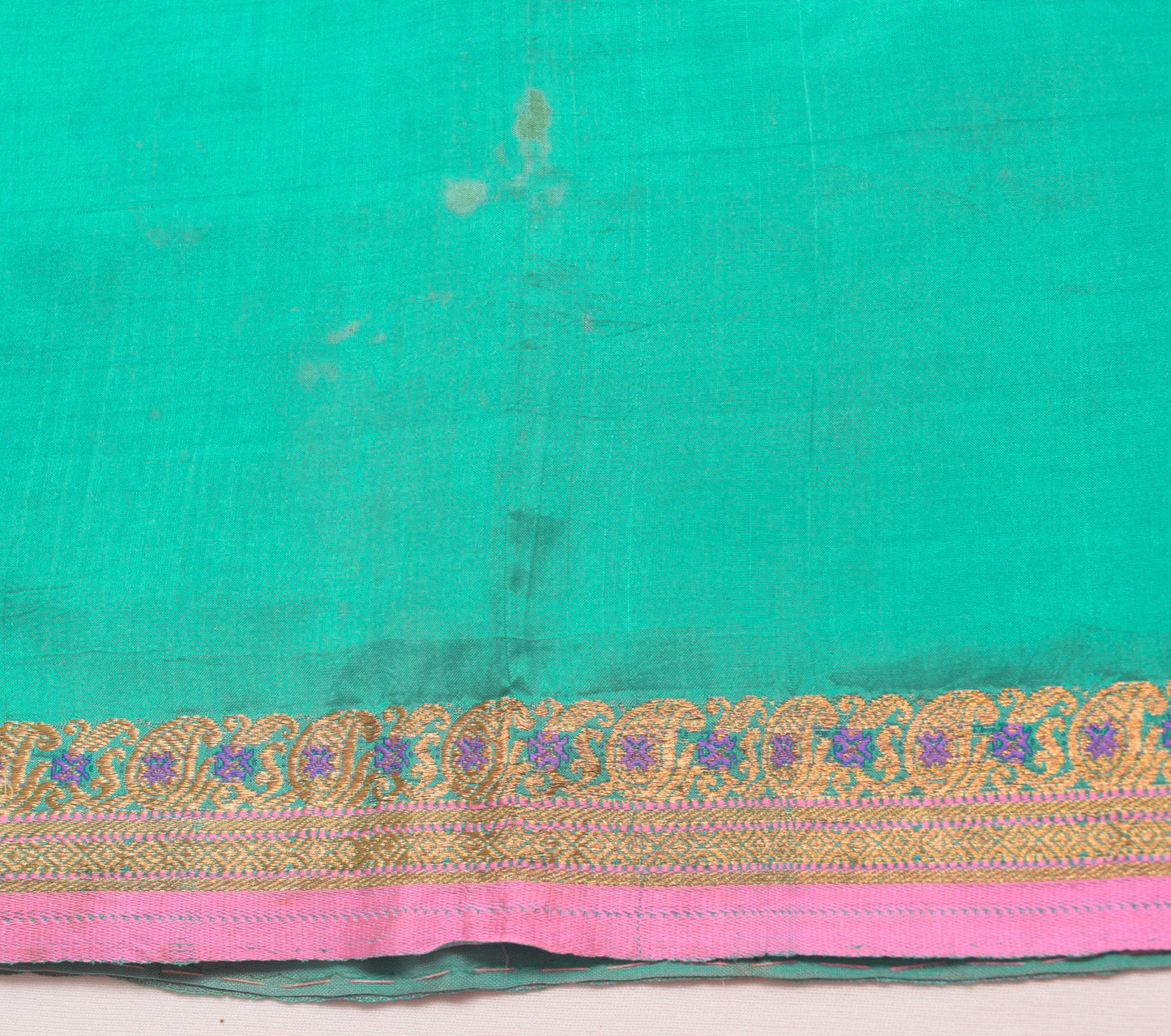 Sushila Vintage Aqua Green & Pink Saree 100% Pure silk Woven Soft Sari Fabric