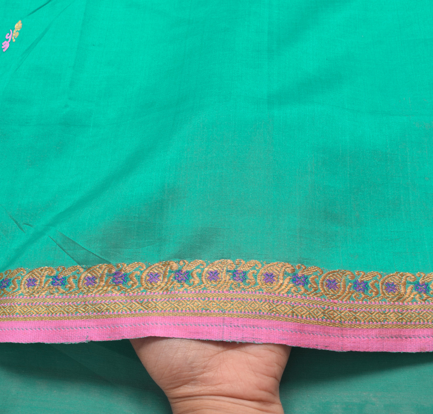 Sushila Vintage Aqua Green & Pink Saree 100% Pure silk Woven Soft Sari Fabric
