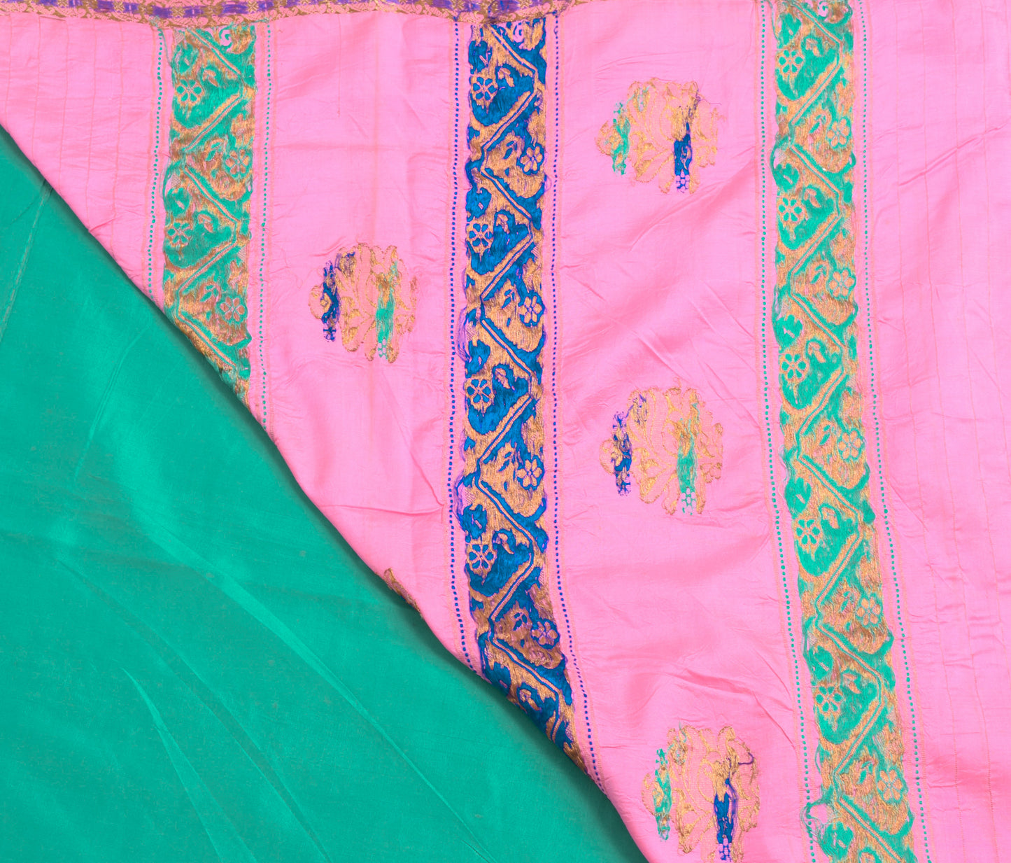 Sushila Vintage Aqua Green & Pink Saree 100% Pure silk Woven Soft Sari Fabric