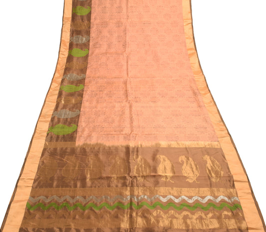 Sushila Vintage Peach Woven Indian Saree 100% Pure Silk Floral Sari Craft Fabric