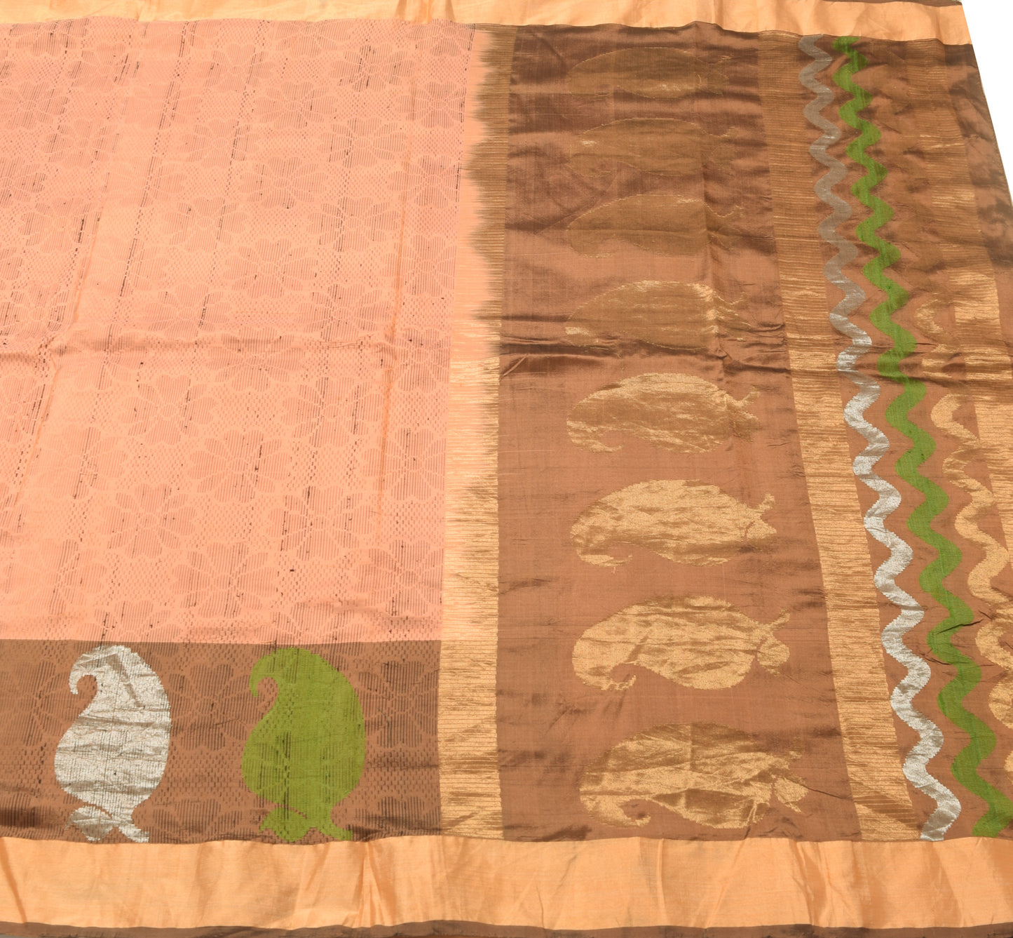 Sushila Vintage Peach Woven Indian Saree 100% Pure Silk Floral Sari Craft Fabric