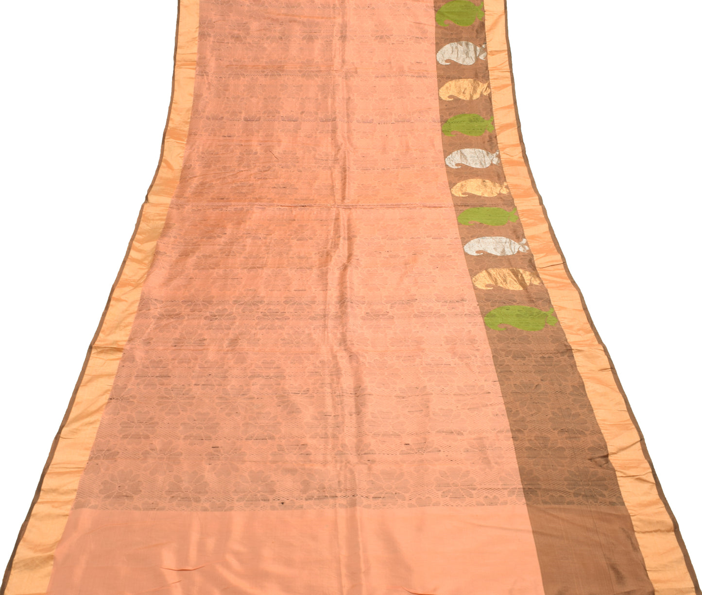 Sushila Vintage Peach Woven Indian Saree 100% Pure Silk Floral Sari Craft Fabric