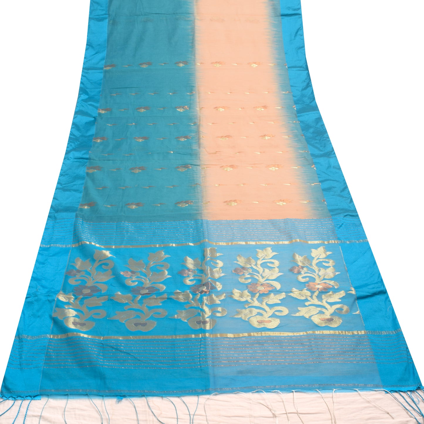 Sushila Vintage Turquoise Blue Saree Blend Silk Floral Woven Sari Craft Fabric