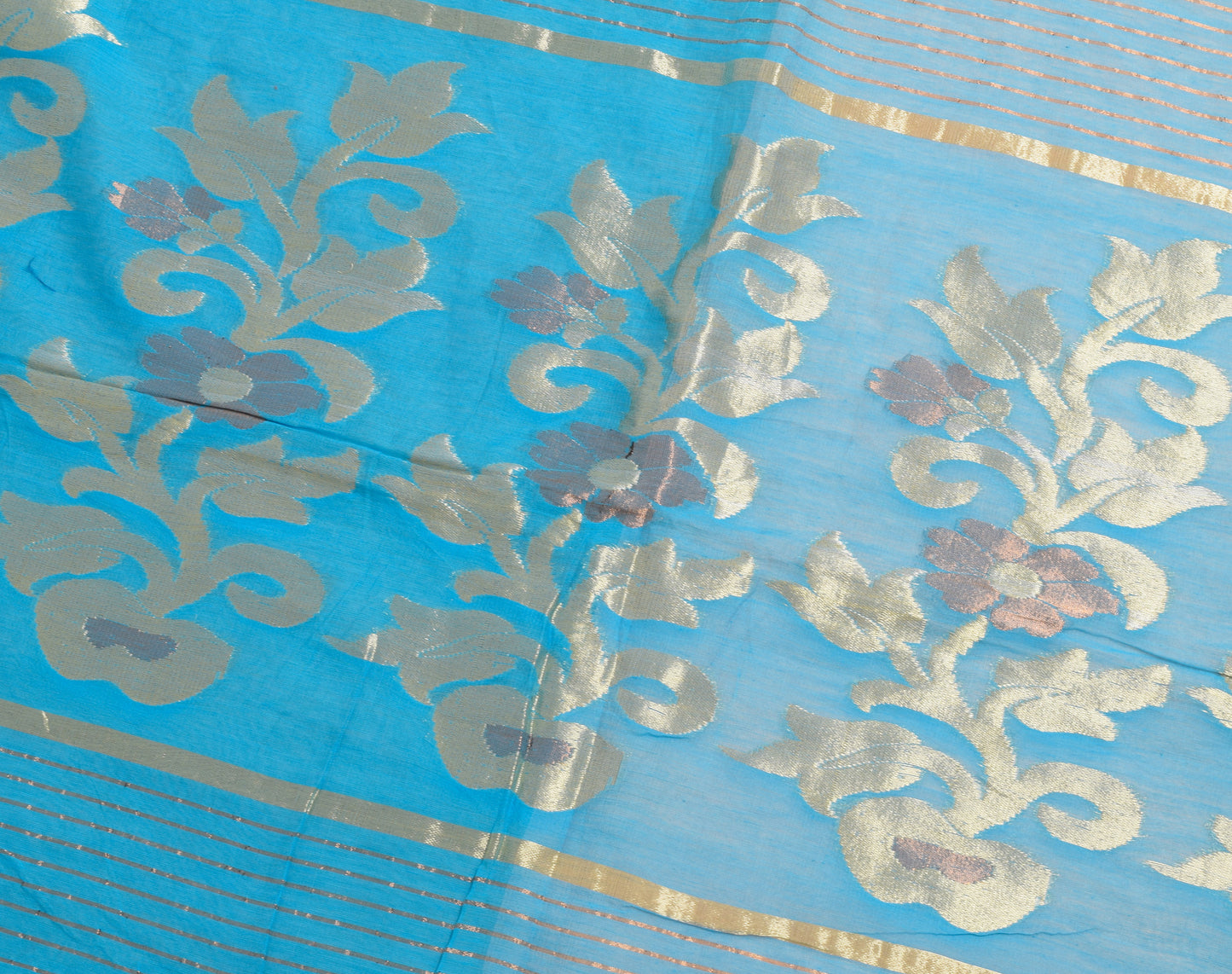 Sushila Vintage Turquoise Blue Saree Blend Silk Floral Woven Sari Craft Fabric