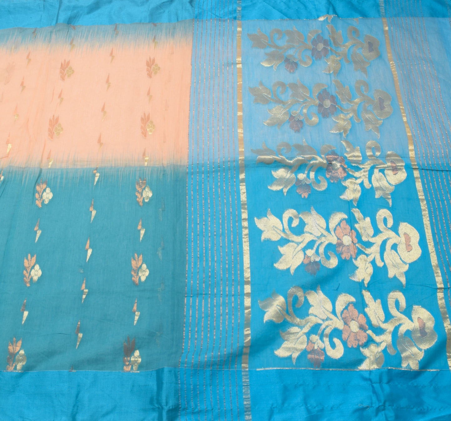 Sushila Vintage Turquoise Blue Saree Blend Silk Floral Woven Sari Craft Fabric
