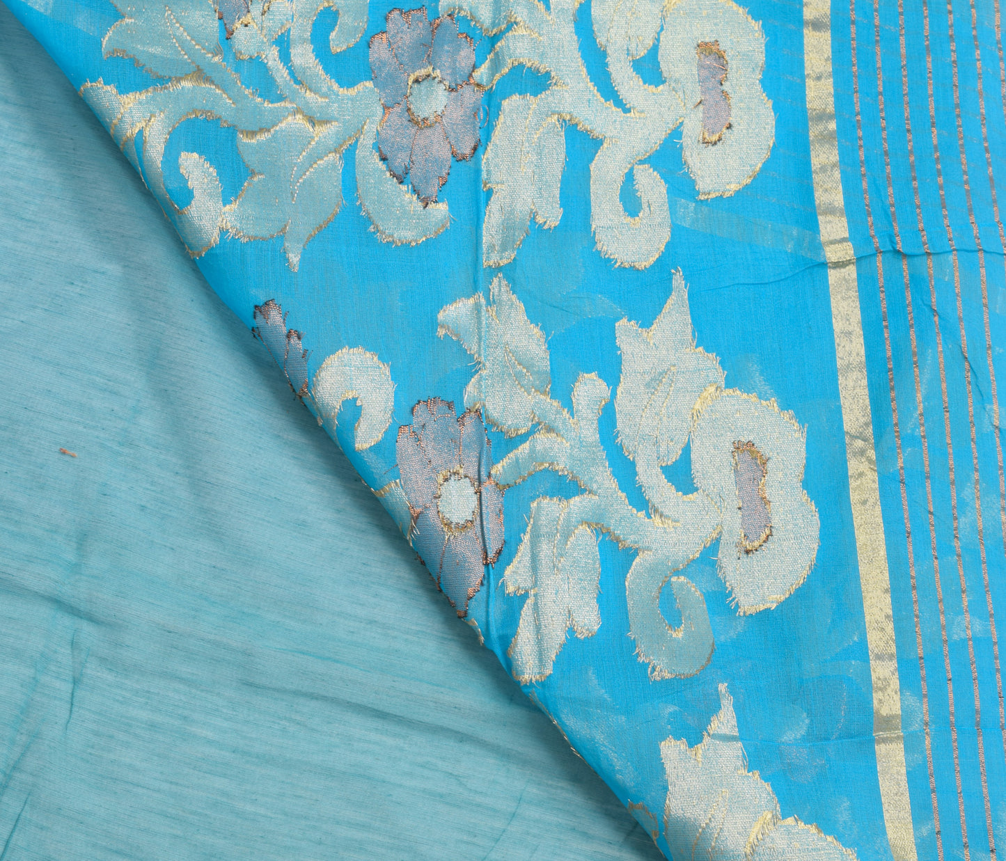 Sushila Vintage Turquoise Blue Saree Blend Silk Floral Woven Sari Craft Fabric