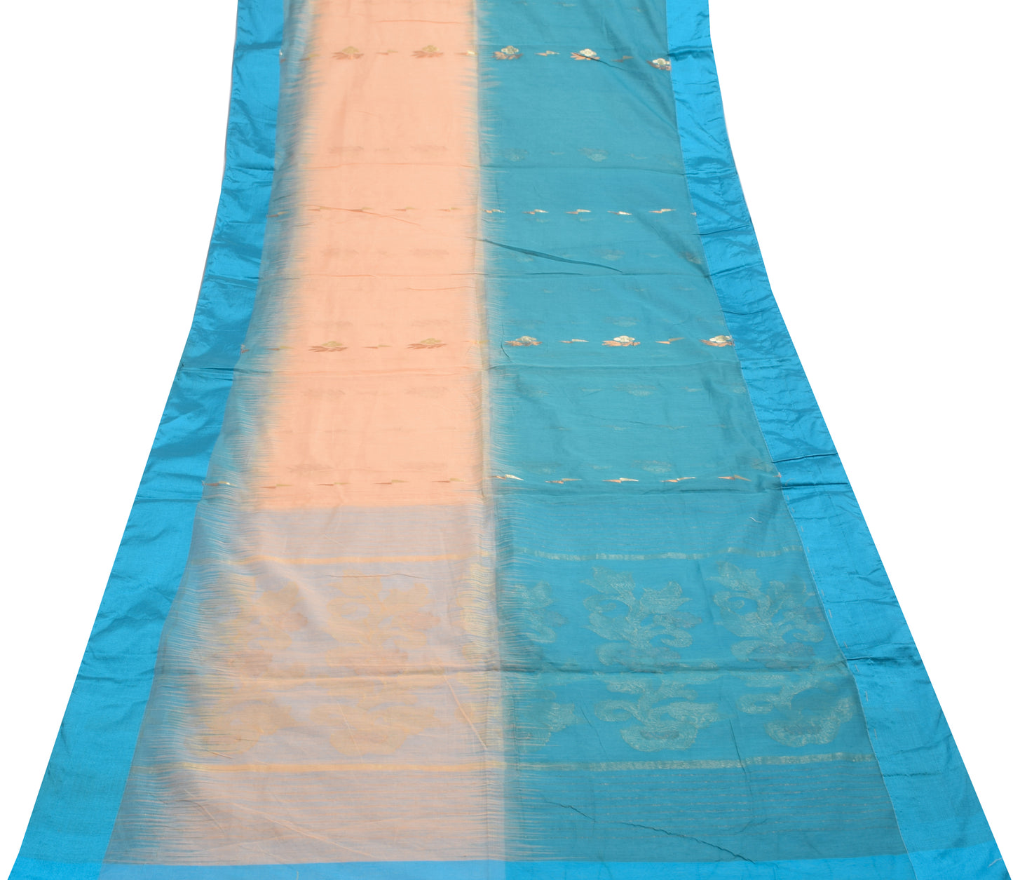 Sushila Vintage Turquoise Blue Saree Blend Silk Floral Woven Sari Craft Fabric