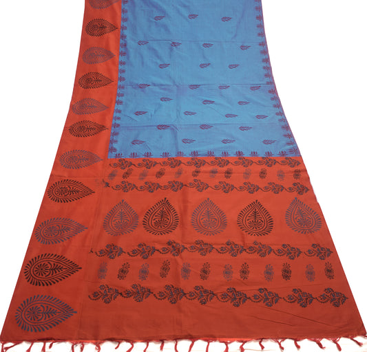 Sushila Vintage Blue Dual Tone Saree Blend Cotton Hand Block Printed Sari Fabric