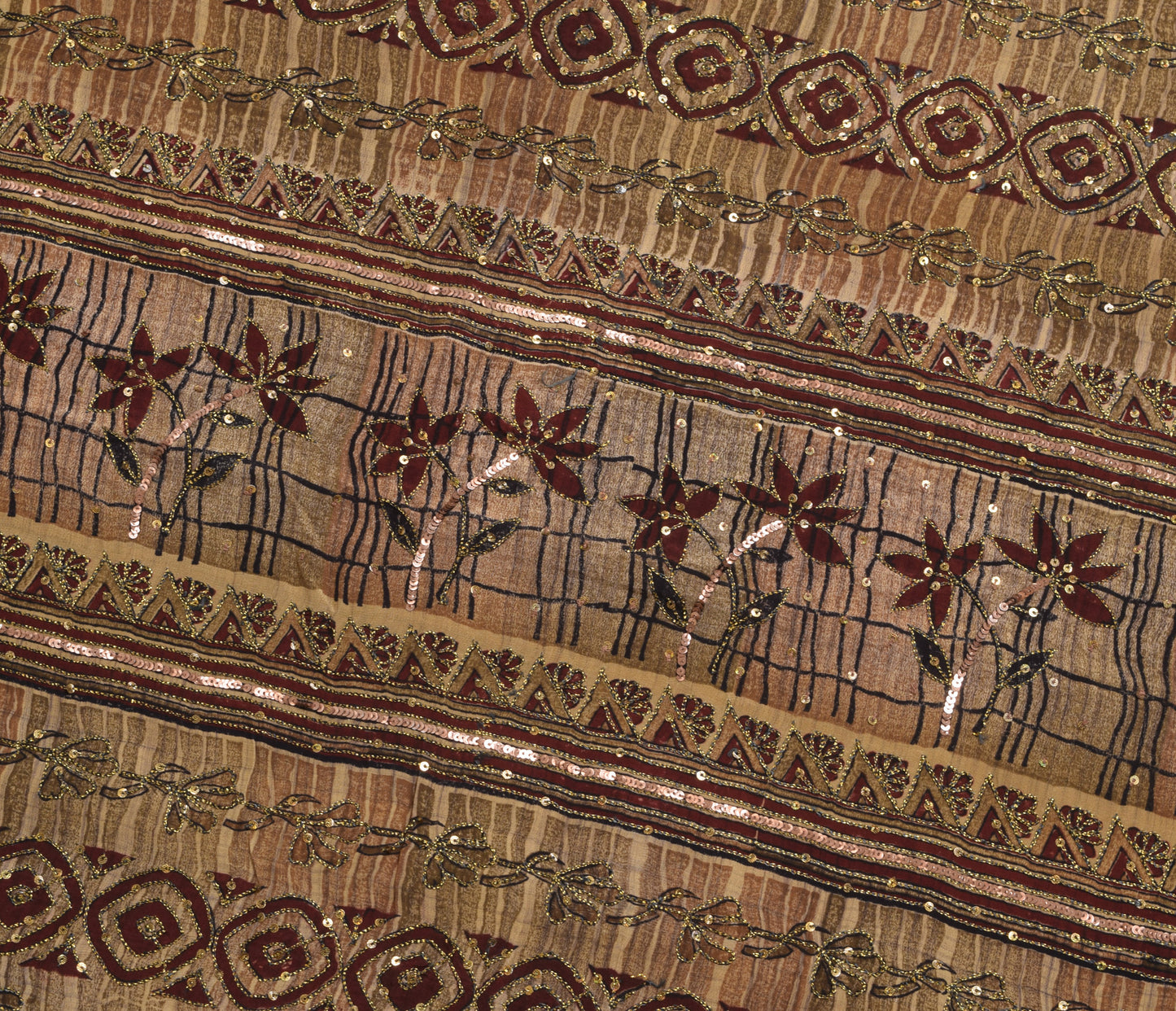 Sushila Vintage Brown Floral Saree 100% Pure Crepe Silk Hand Beaded Sari Fabric