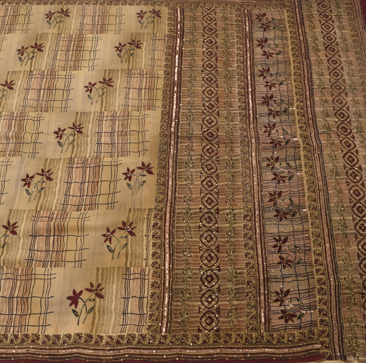 Sushila Vintage Brown Floral Saree 100% Pure Crepe Silk Hand Beaded Sari Fabric