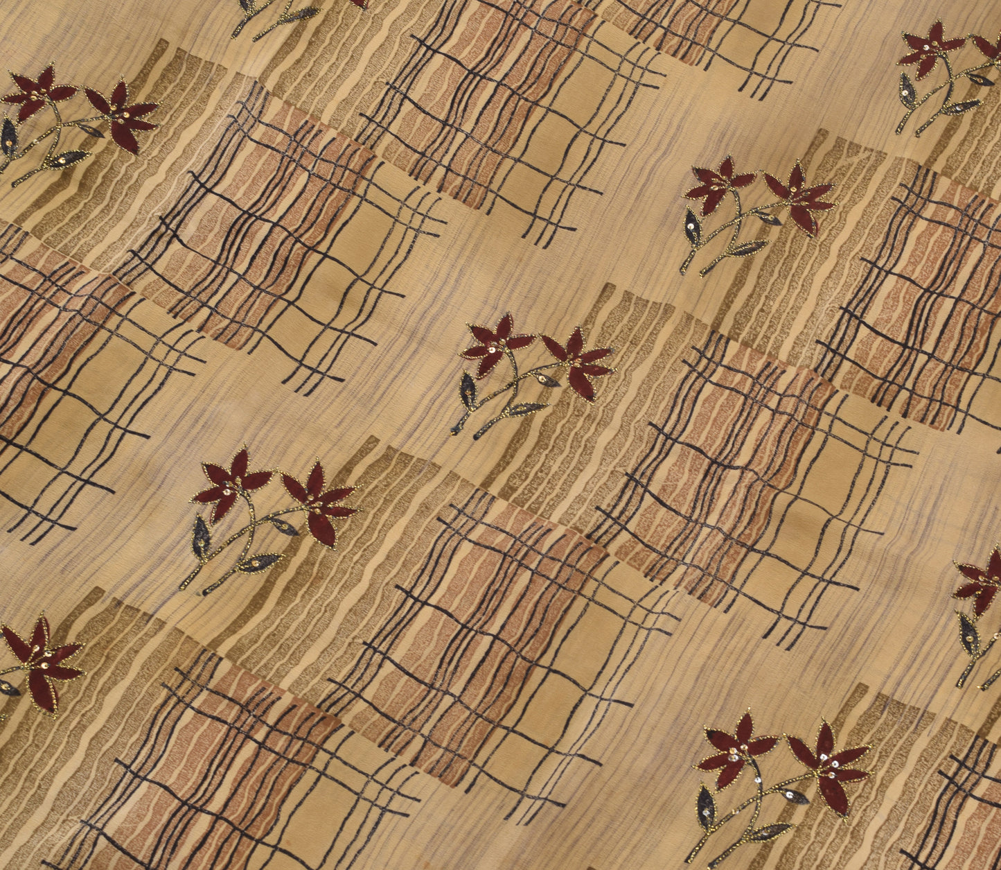 Sushila Vintage Brown Floral Saree 100% Pure Crepe Silk Hand Beaded Sari Fabric