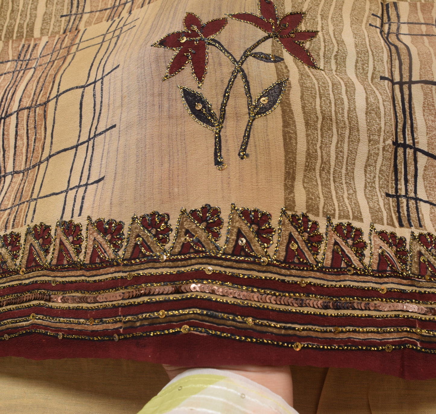 Sushila Vintage Brown Floral Saree 100% Pure Crepe Silk Hand Beaded Sari Fabric