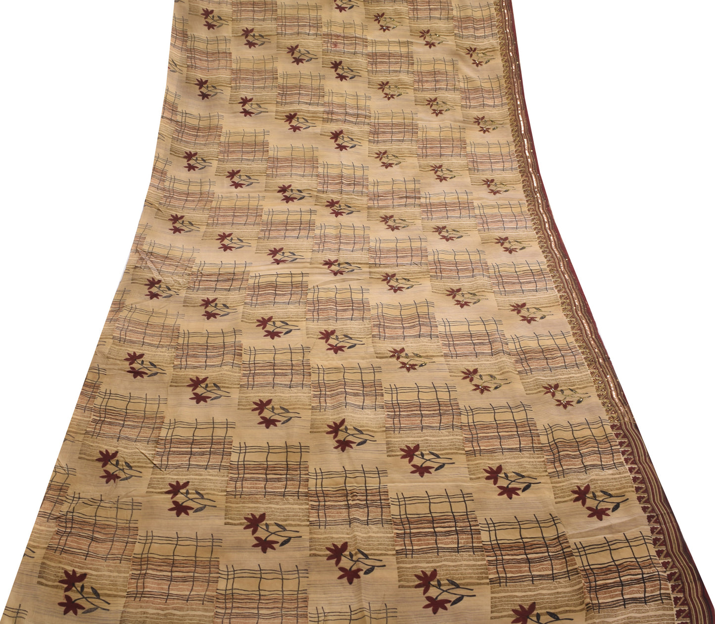 Sushila Vintage Brown Floral Saree 100% Pure Crepe Silk Hand Beaded Sari Fabric