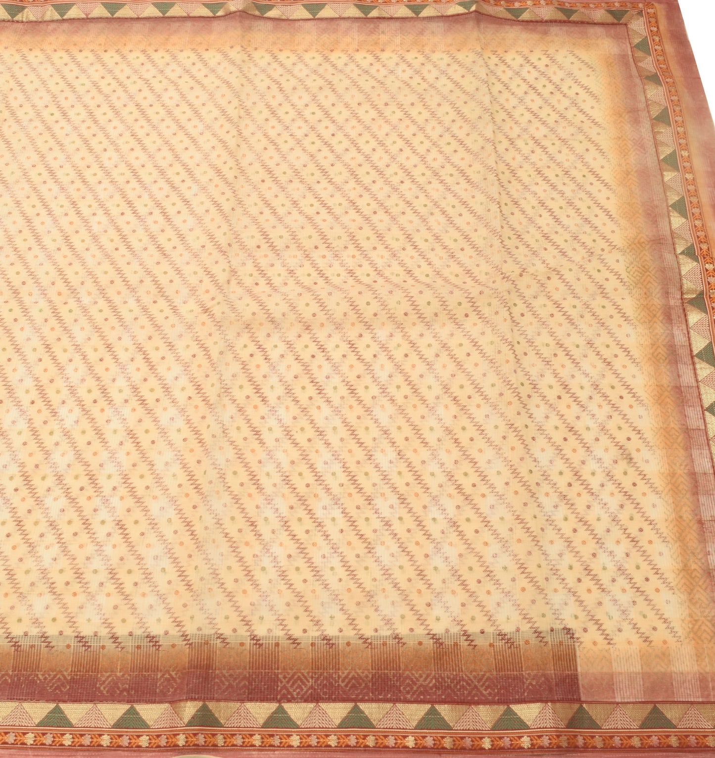 Sushila Vintage Beige Blend Cotton Supernet Saree Zig-Zag Printed Sari Fabric