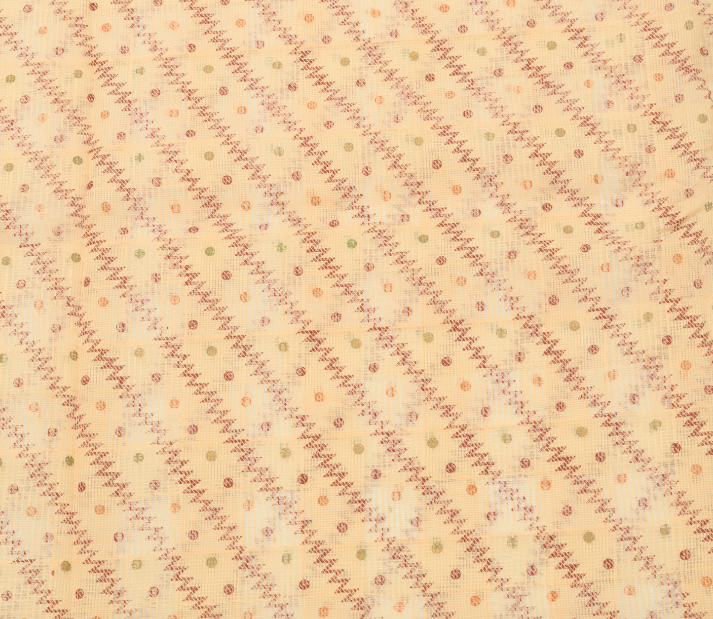 Sushila Vintage Beige Blend Cotton Supernet Saree Zig-Zag Printed Sari Fabric