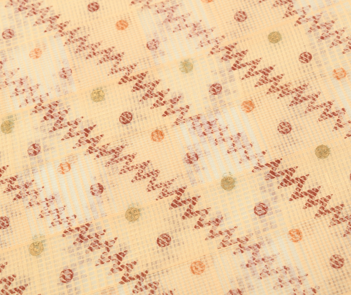 Sushila Vintage Beige Blend Cotton Supernet Saree Zig-Zag Printed Sari Fabric
