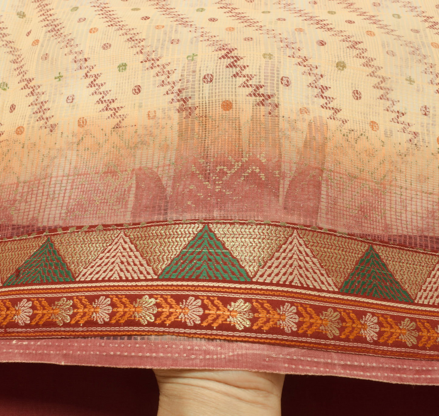 Sushila Vintage Beige Blend Cotton Supernet Saree Zig-Zag Printed Sari Fabric