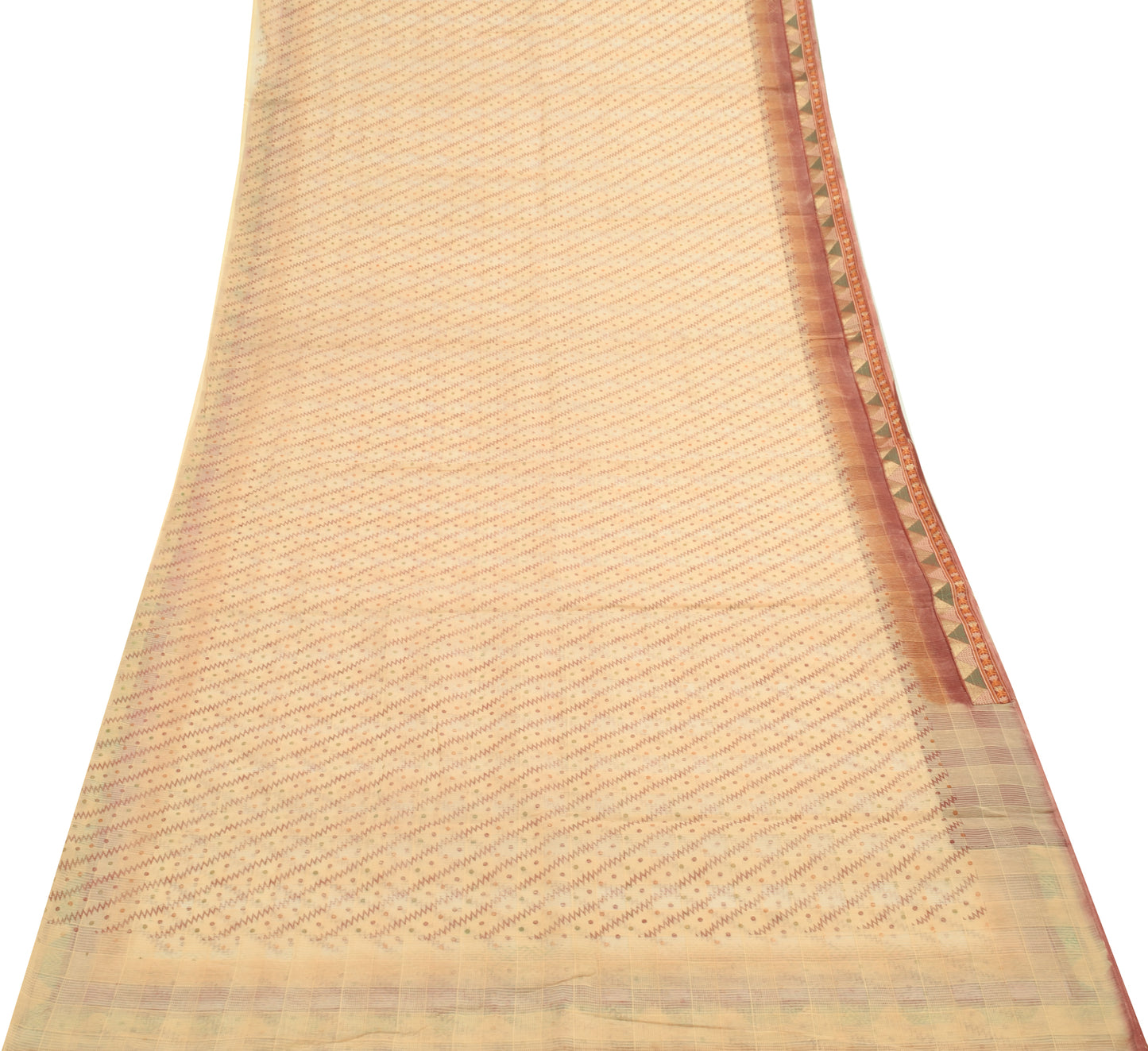 Sushila Vintage Beige Blend Cotton Supernet Saree Zig-Zag Printed Sari Fabric
