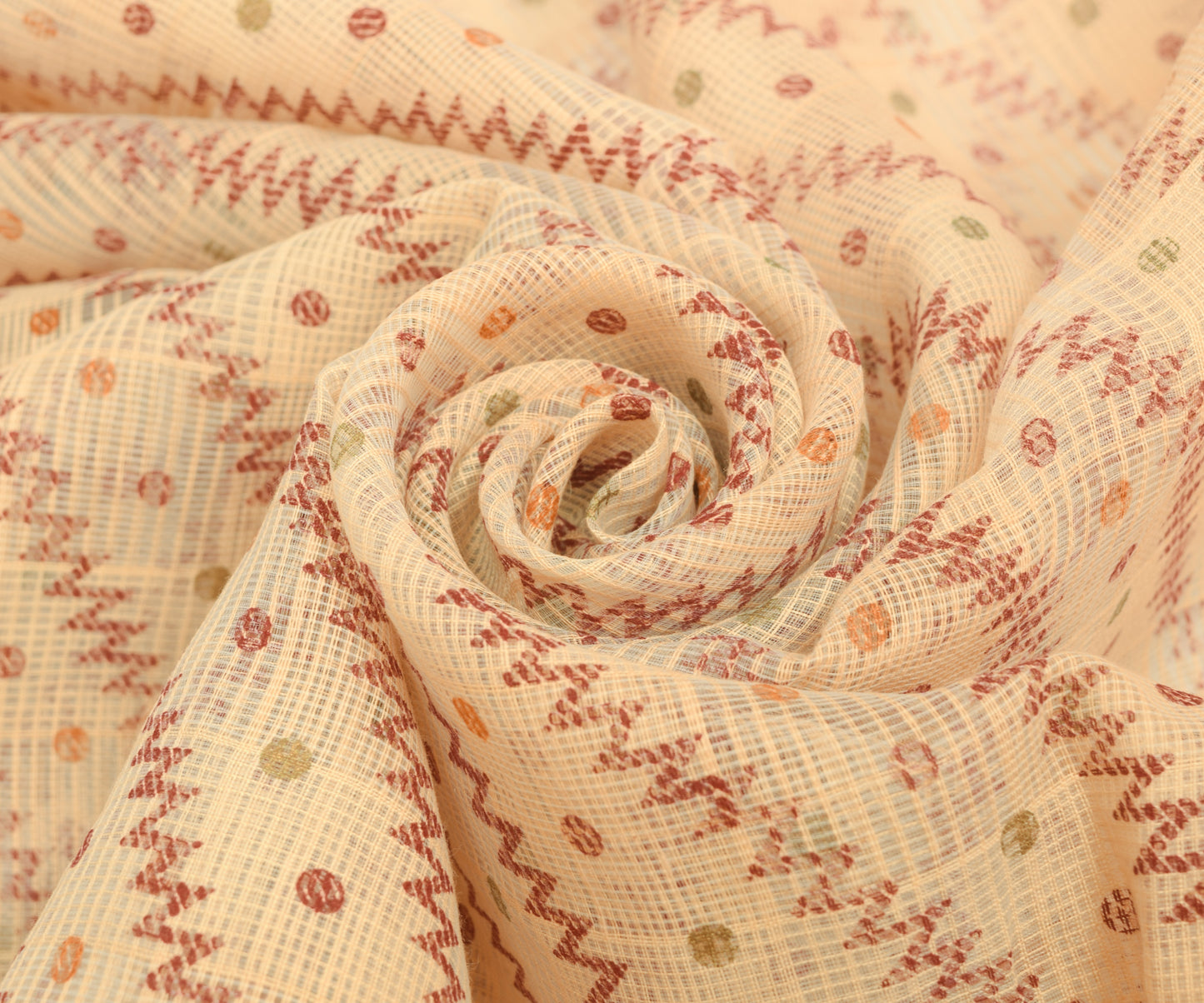 Sushila Vintage Beige Blend Cotton Supernet Saree Zig-Zag Printed Sari Fabric