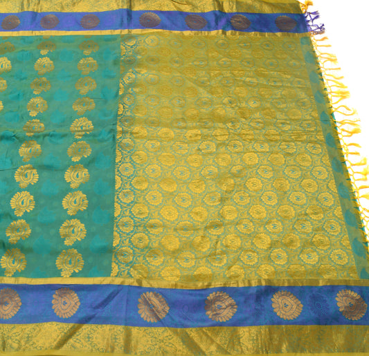 Sushila Vintage Green Kanjivaram saree Art Silk Woven Zari Motifs Sari Craft Fabric