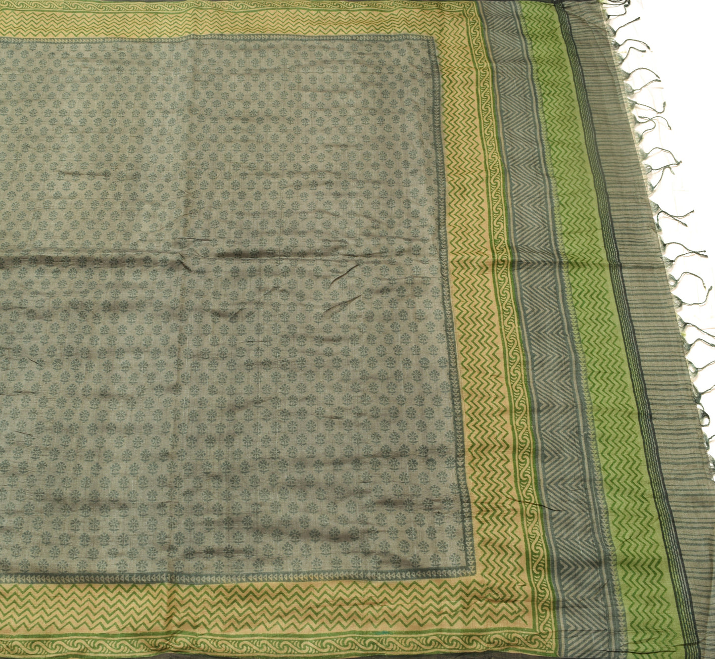 Sushila Vintage 100%Pure Silk Gray Saree Floral Printed Sari Indian Craft Fabric