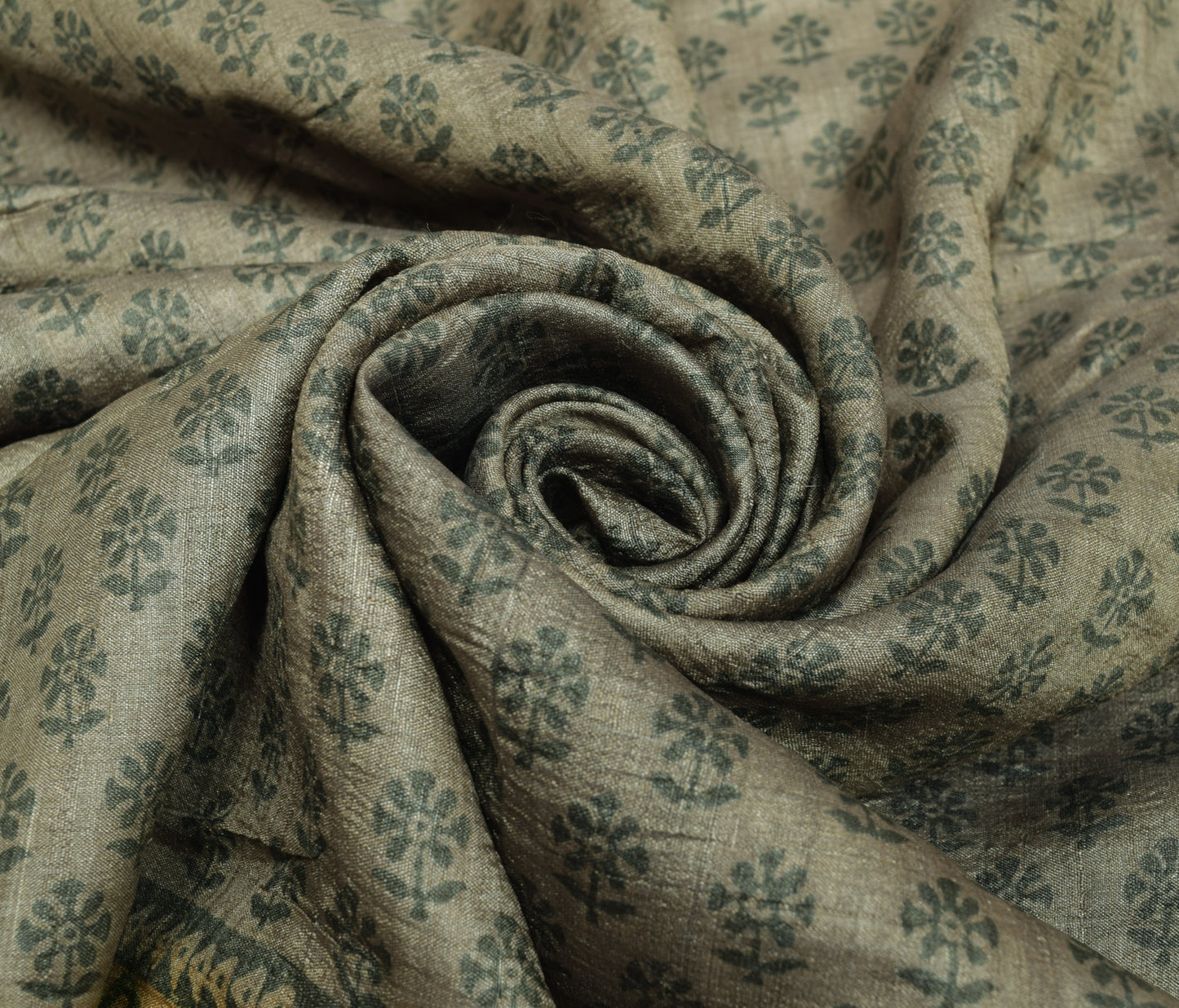 Sushila Vintage 100%Pure Silk Gray Saree Floral Printed Sari Indian Craft Fabric