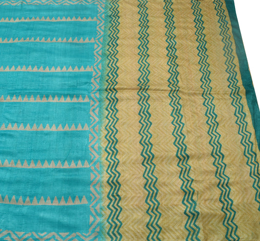 Sushila Vintage Turquoise Blue Saree 100% Pure Woolen Printed Soft Sari Fabric