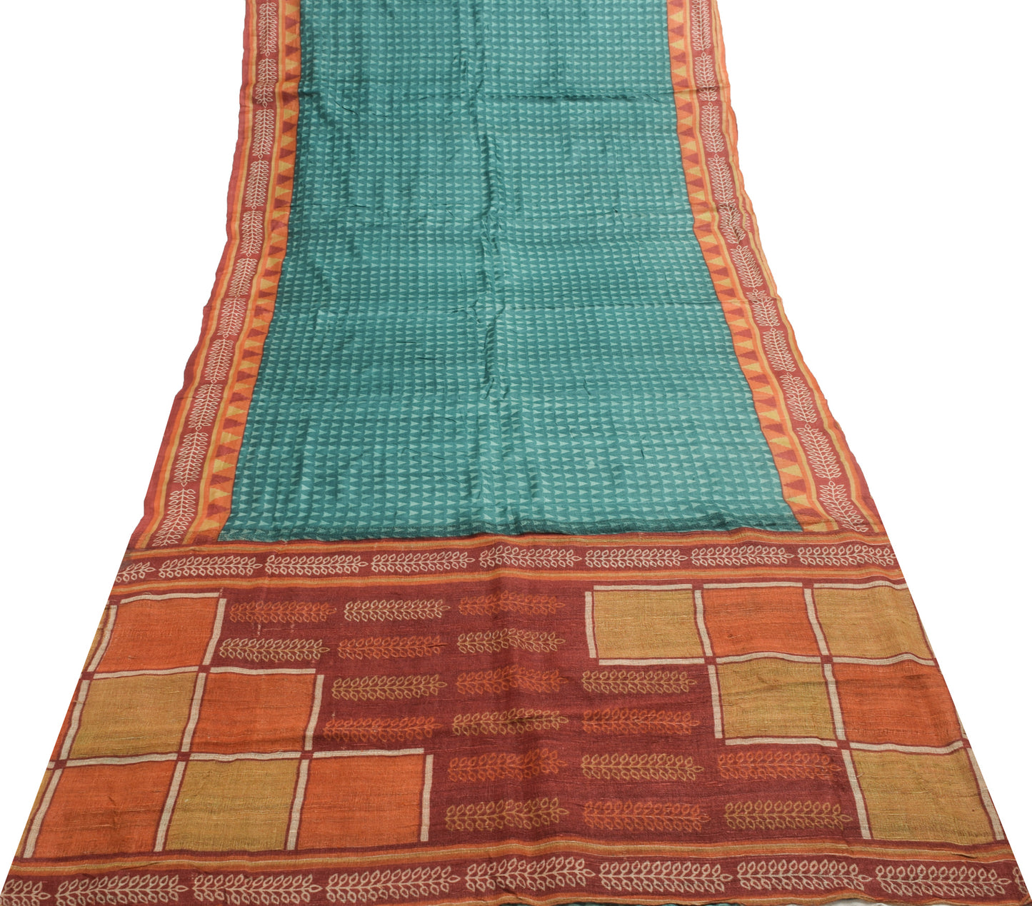 Sushila Vintage 100% Pure Silk Saree Geometrical Printed Teal Blue Sari Soft Fabric