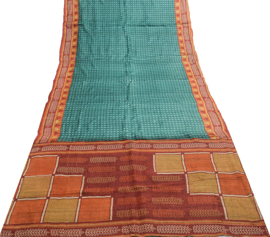 Sushila Vintage 100% Pure Silk Saree Geometrical Printed Teal Blue Sari Soft Fabric