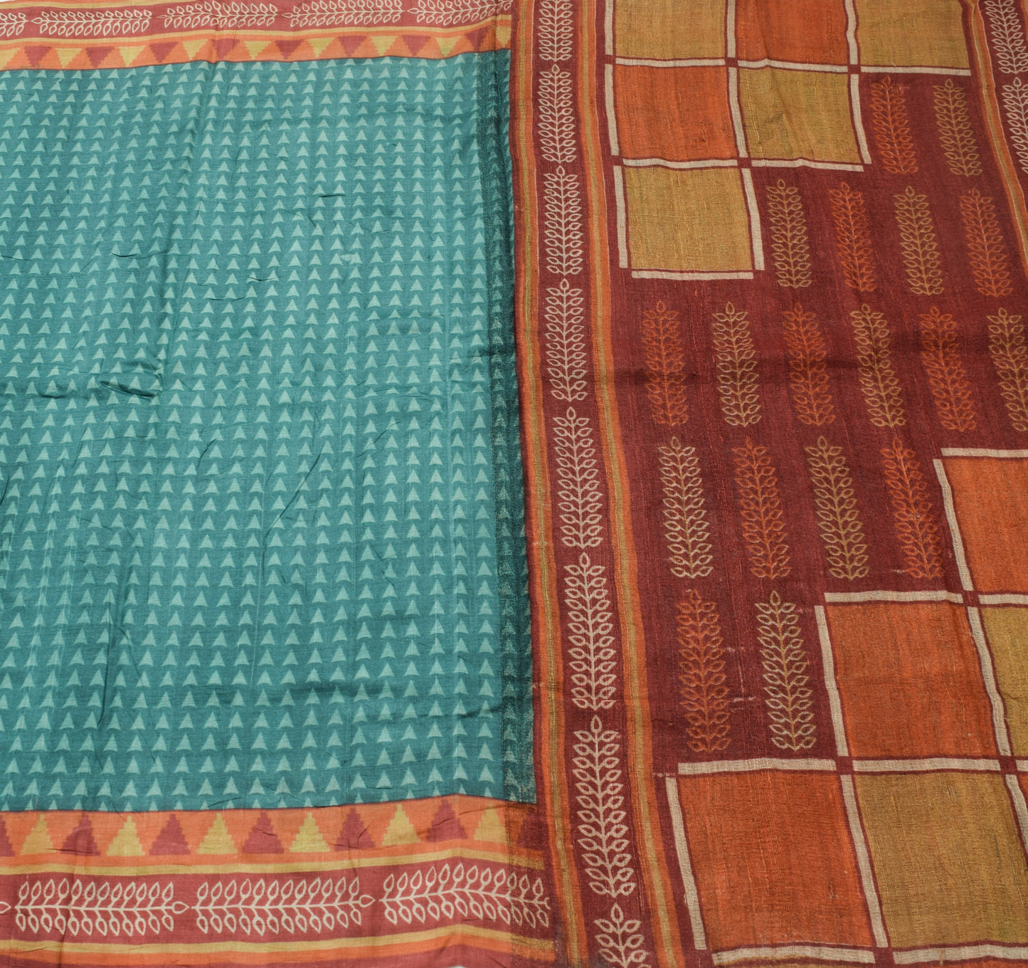 Sushila Vintage 100% Pure Silk Saree Geometrical Printed Teal Blue Sari Soft Fabric