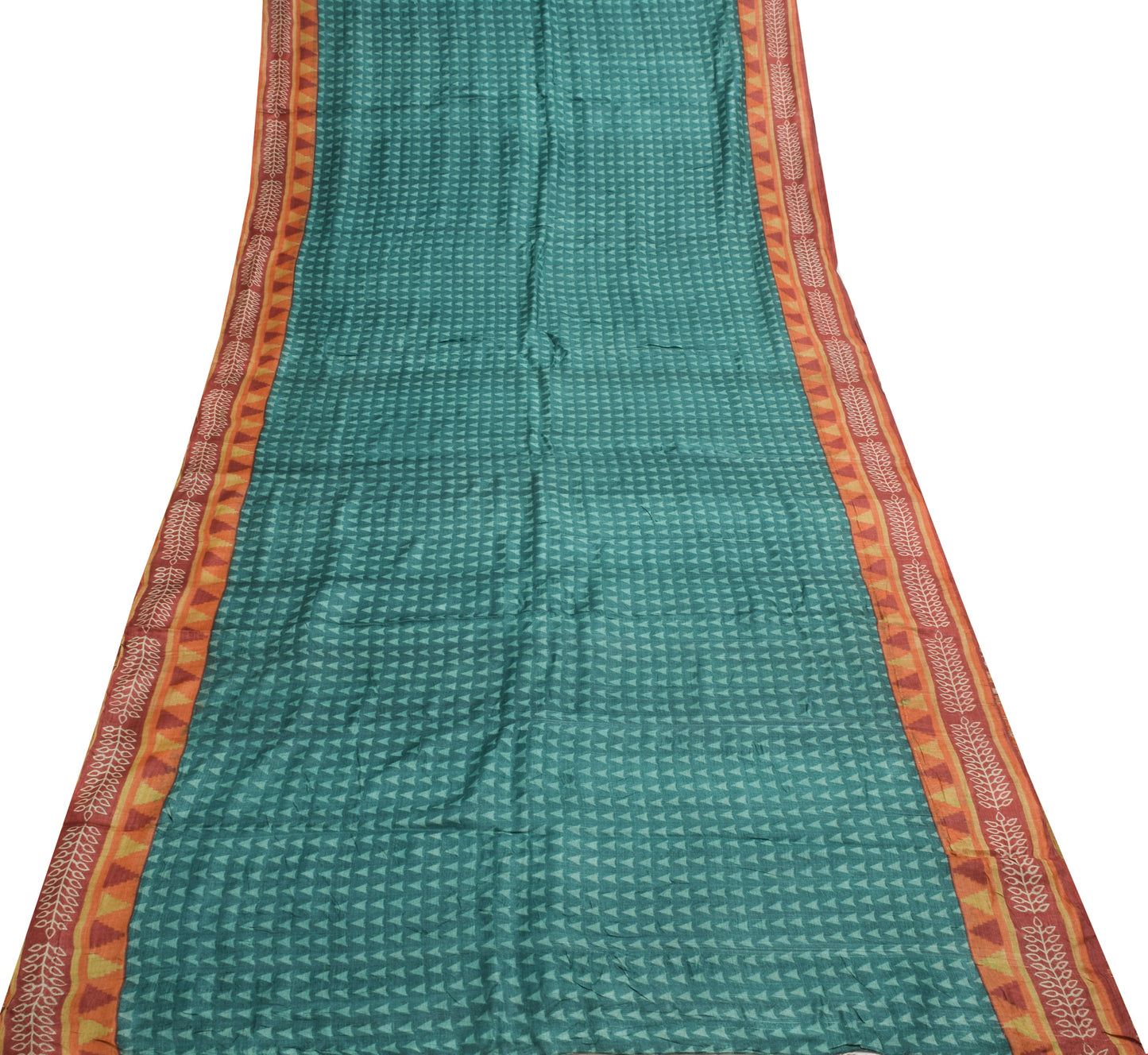 Sushila Vintage 100% Pure Silk Saree Geometrical Printed Teal Blue Sari Soft Fabric