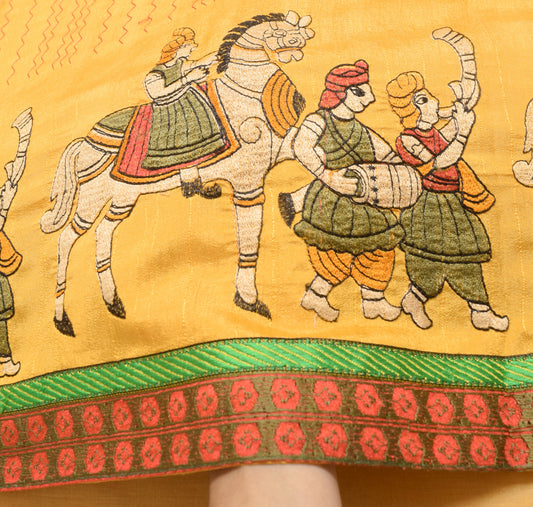 Sushila Vintage Yellow Thread Embroidered Saree Art Silk Human Sari Craft Fabric
