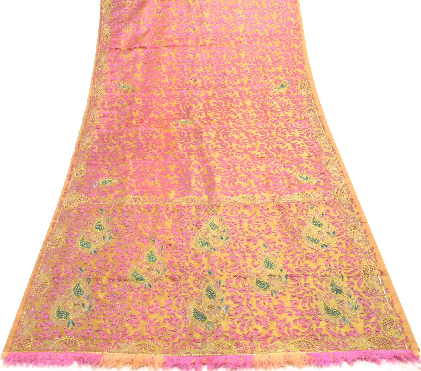 Sushila Vintage Golden & Purple Saree Blend Tissue Hand Beaded Sari Craft Fabric
