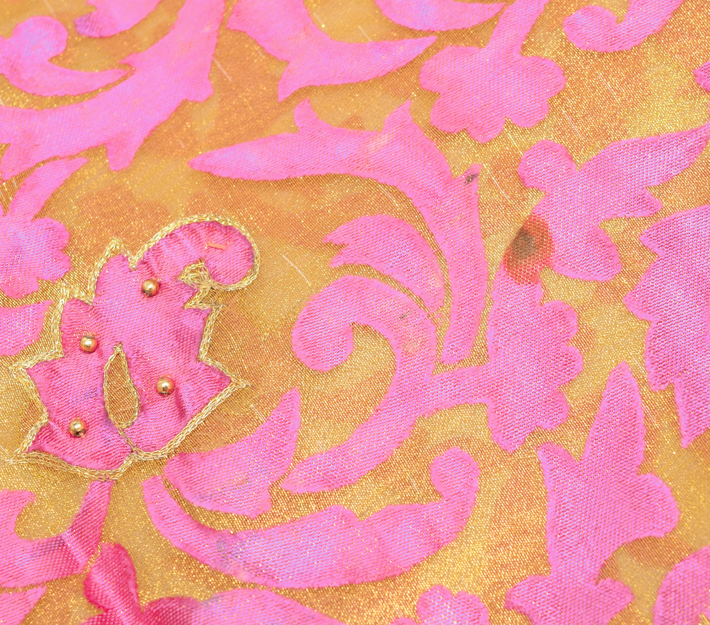 Sushila Vintage Golden & Purple Saree Blend Tissue Hand Beaded Sari Craft Fabric