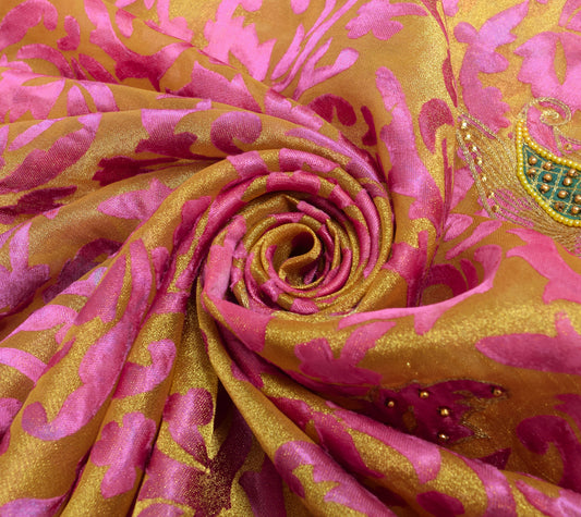 Sushila Vintage Golden & Purple Saree Blend Tissue Hand Beaded Sari Craft Fabric