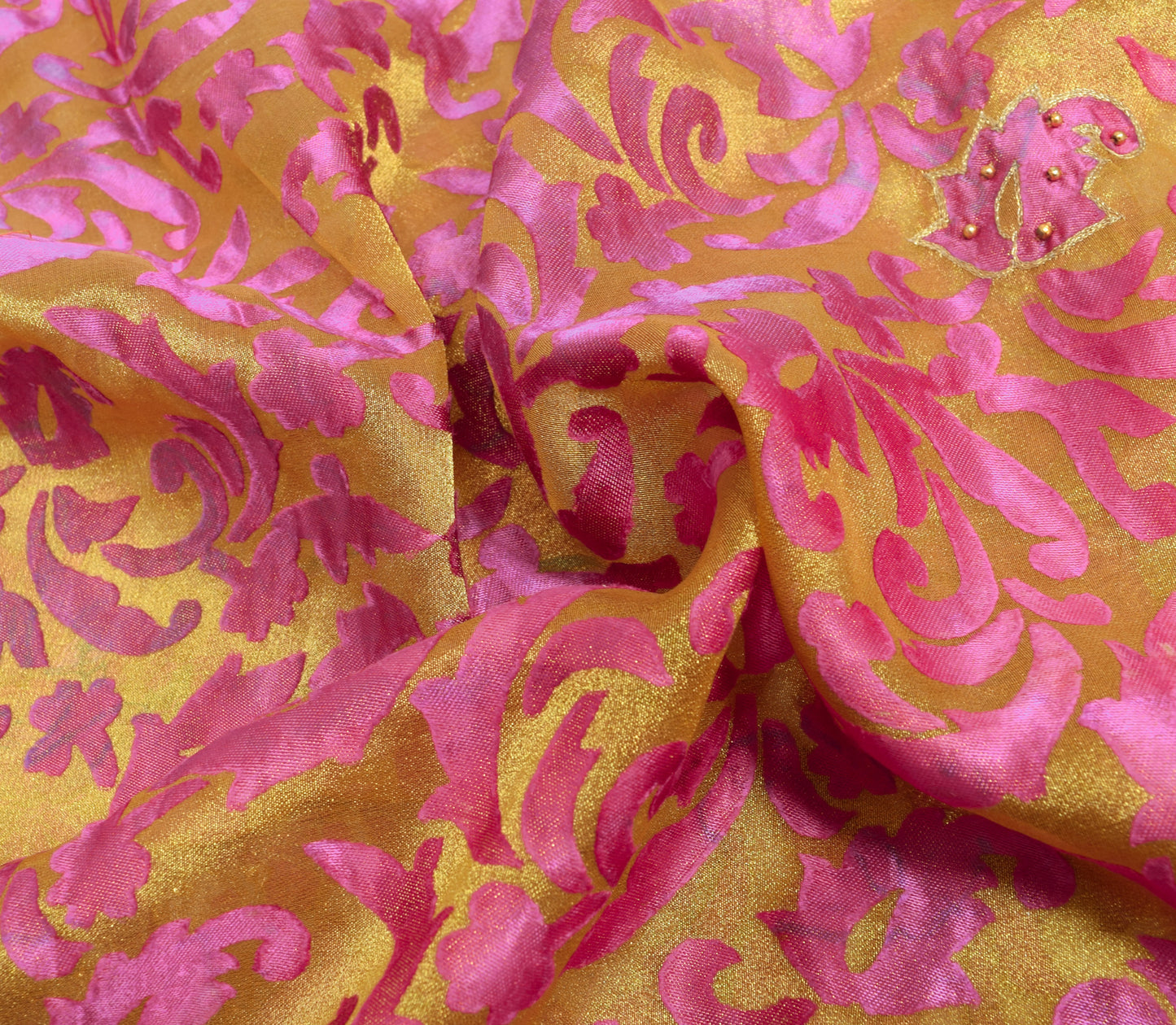 Sushila Vintage Golden & Purple Saree Blend Tissue Hand Beaded Sari Craft Fabric