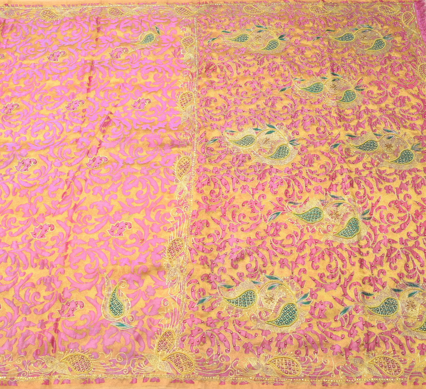 Sushila Vintage Golden & Purple Saree Blend Tissue Hand Beaded Sari Craft Fabric