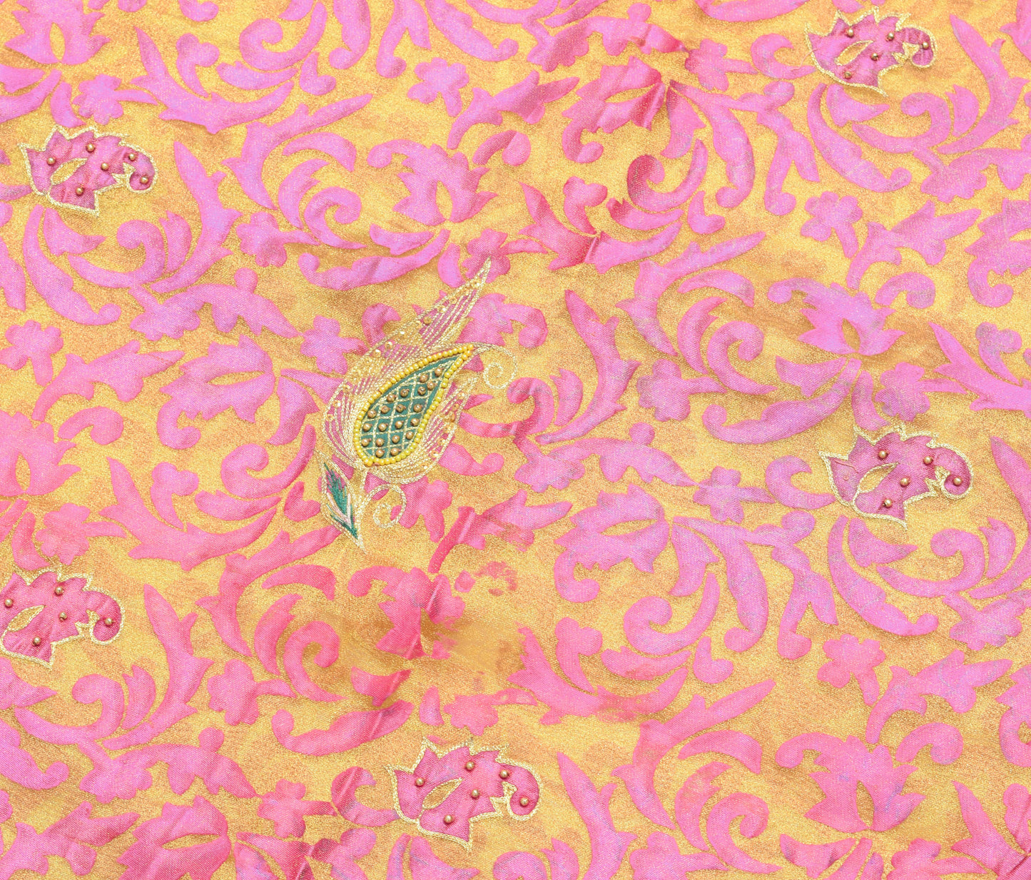 Sushila Vintage Golden & Purple Saree Blend Tissue Hand Beaded Sari Craft Fabric