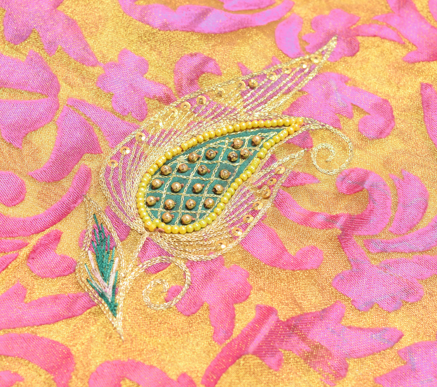 Sushila Vintage Golden & Purple Saree Blend Tissue Hand Beaded Sari Craft Fabric