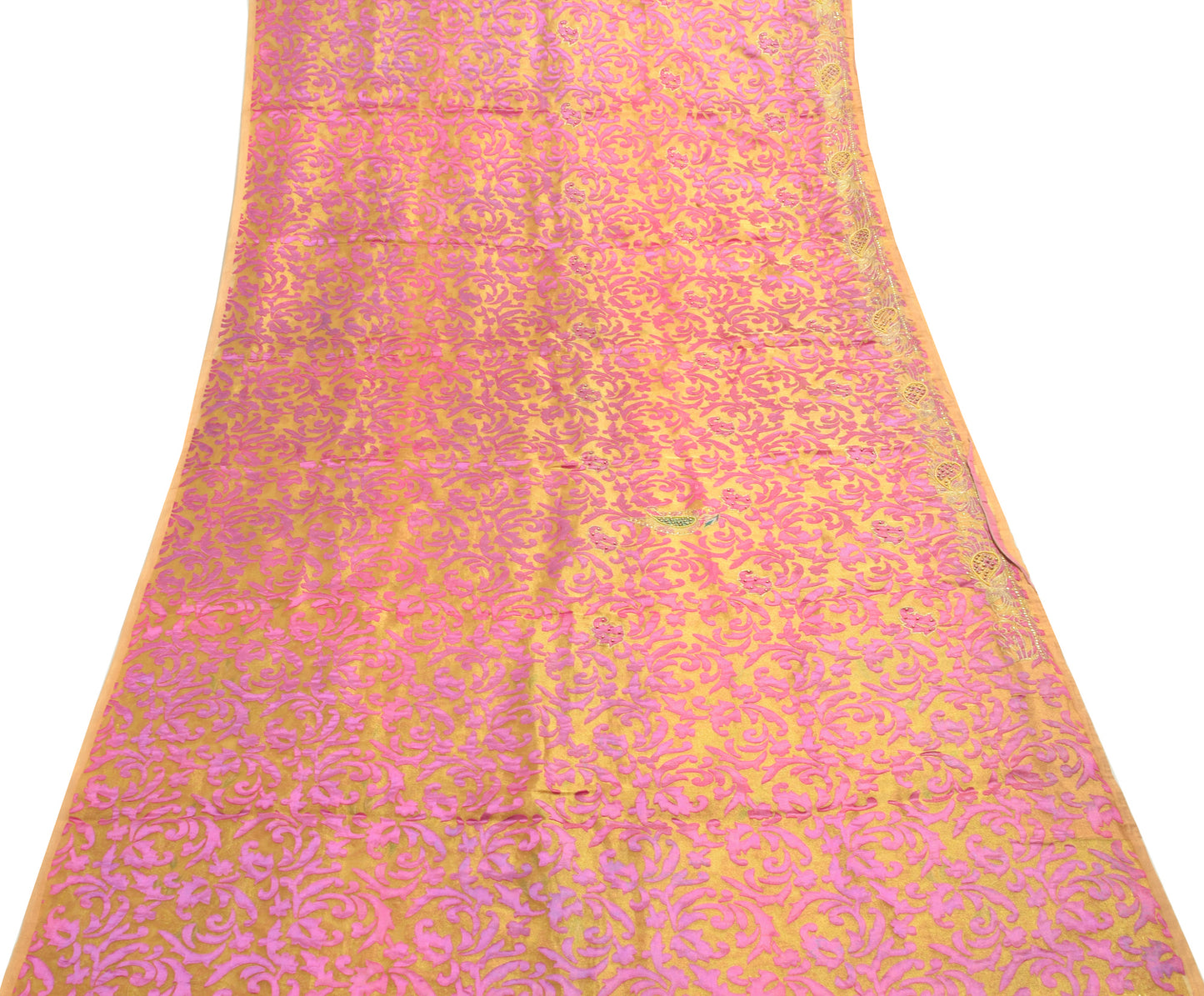 Sushila Vintage Golden & Purple Saree Blend Tissue Hand Beaded Sari Craft Fabric