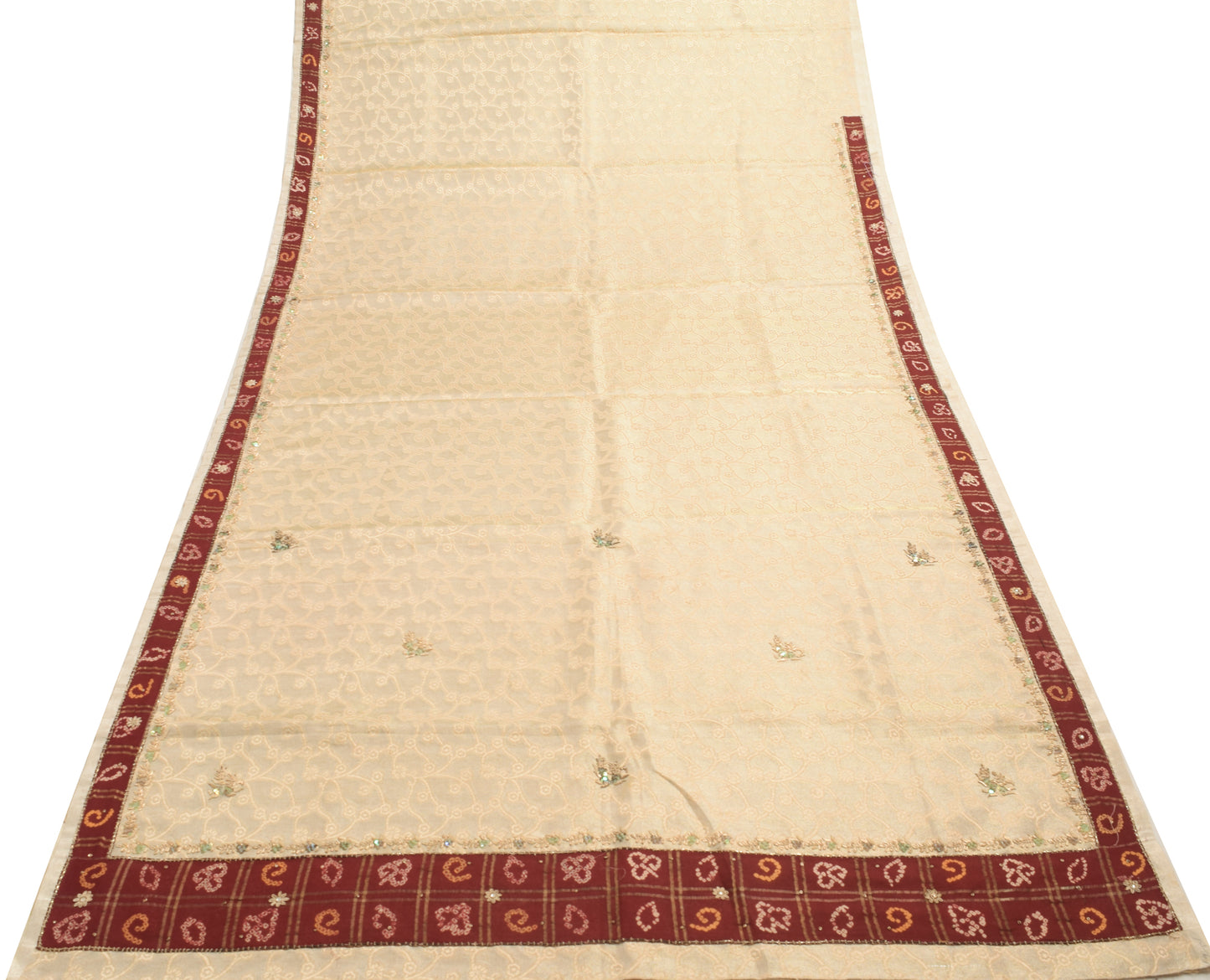 Sushila Vintage Beige Blend Tissue Saree Hand Beaded Zardozi Work Sari Fabric
