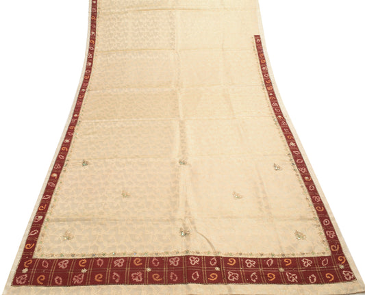 Sushila Vintage Beige Blend Tissue Saree Hand Beaded Zardozi Work Sari Fabric