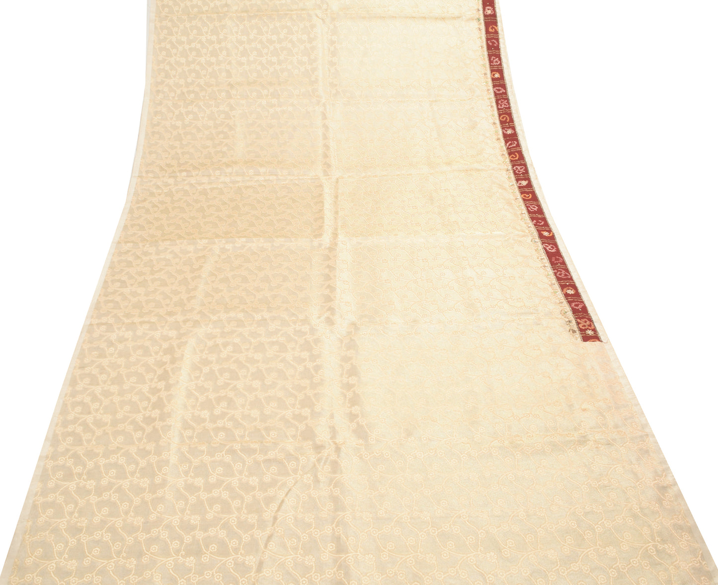 Sushila Vintage Beige Blend Tissue Saree Hand Beaded Zardozi Work Sari Fabric
