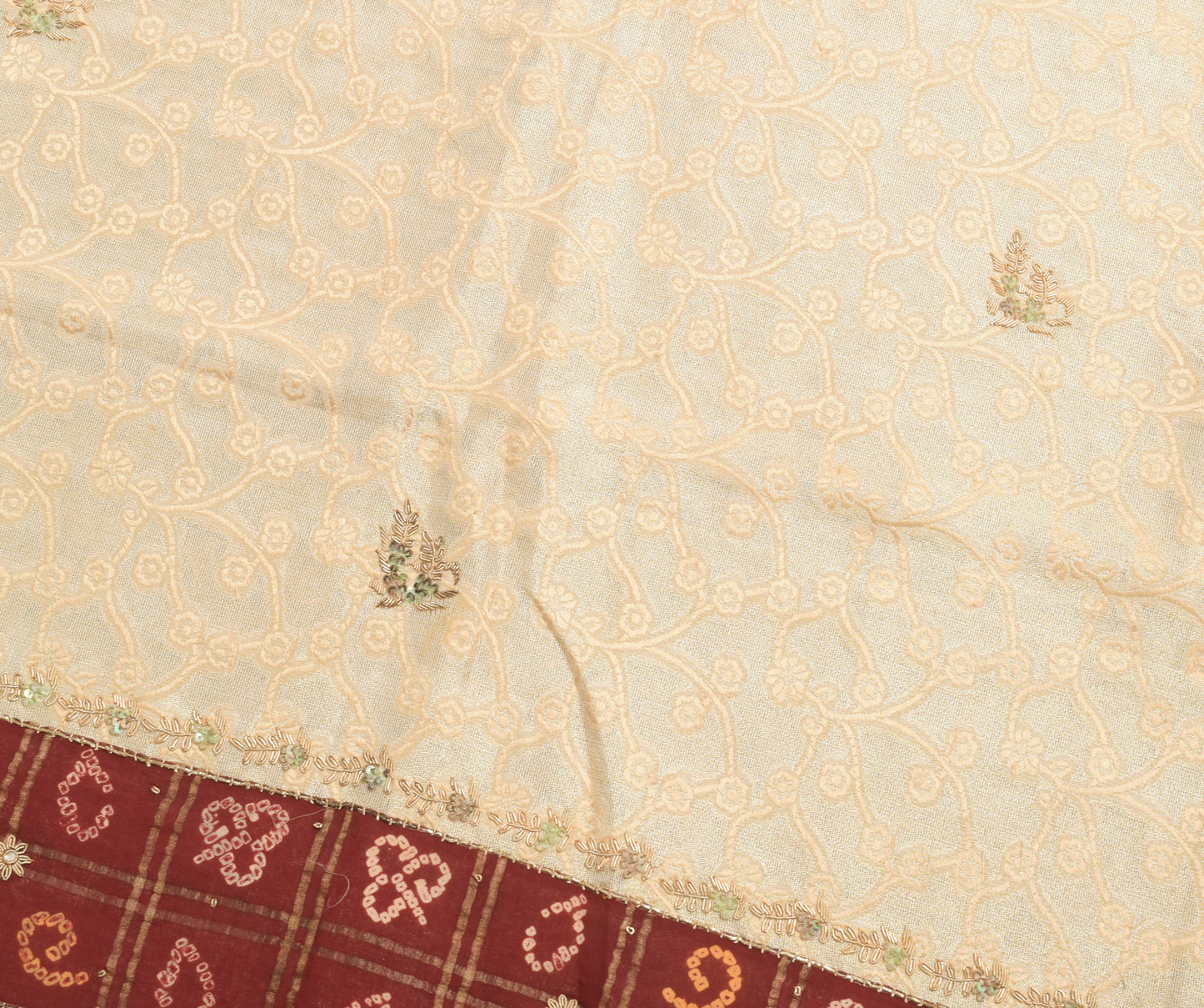 Sushila Vintage Beige Blend Tissue Saree Hand Beaded Zardozi Work Sari Fabric