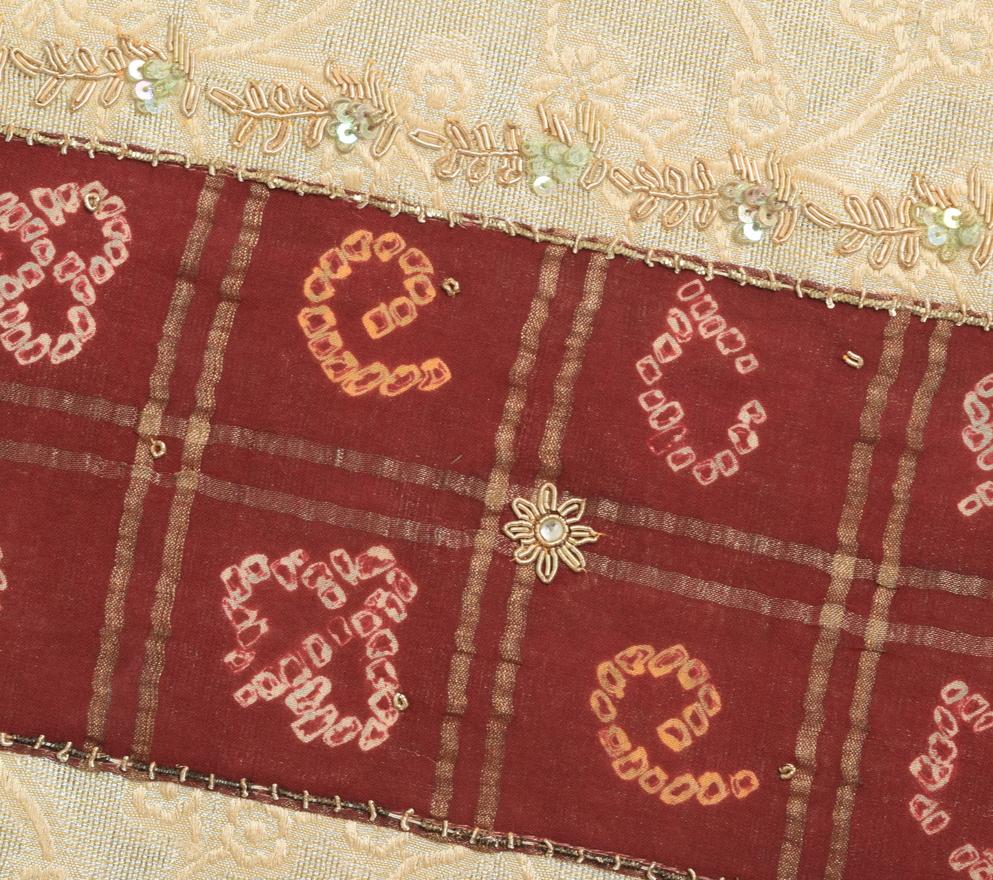 Sushila Vintage Beige Blend Tissue Saree Hand Beaded Zardozi Work Sari Fabric