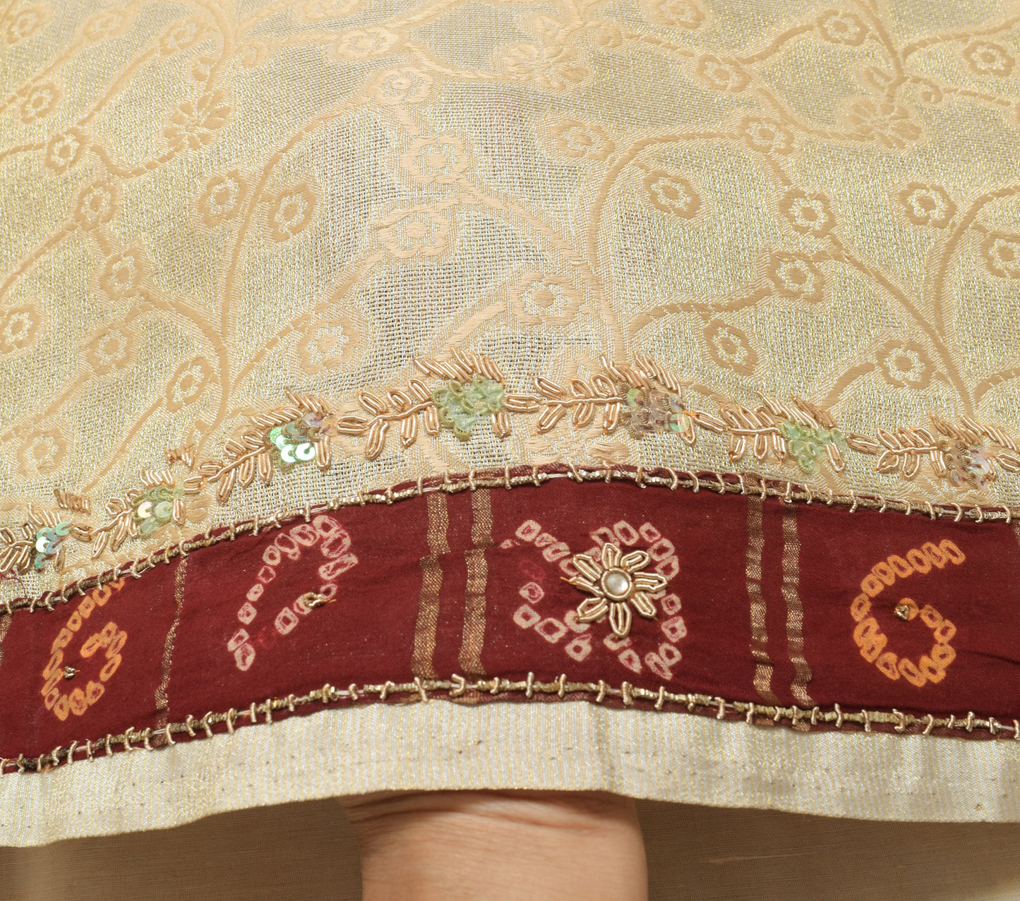 Sushila Vintage Beige Blend Tissue Saree Hand Beaded Zardozi Work Sari Fabric